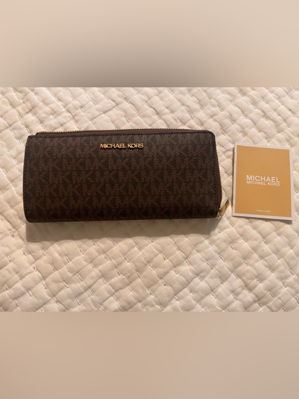 Michael Kors Dark Brown Signature Zip Wallet with Gold Logo